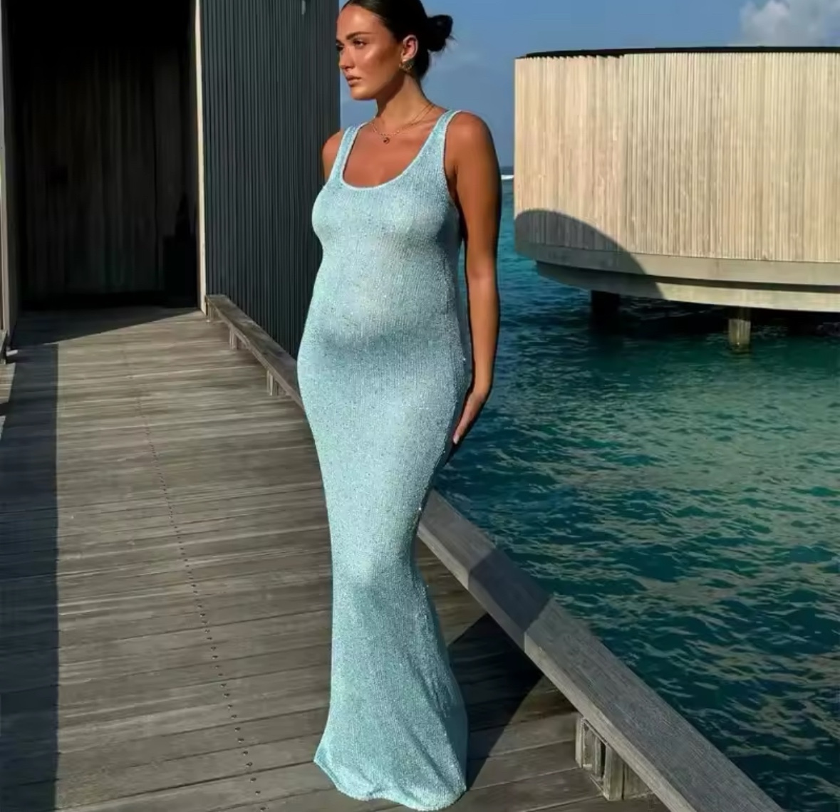Glitter Bodycon Sleeveless Summer Vacation Holiday Maxi Dress
