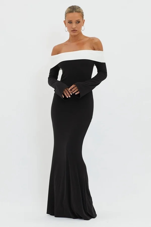 Black White Two Tone Long Sleeve Bodycon Maxi Dress