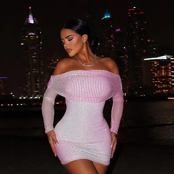 Off Shouder Pink Sequin Glitter Party Mini Dress