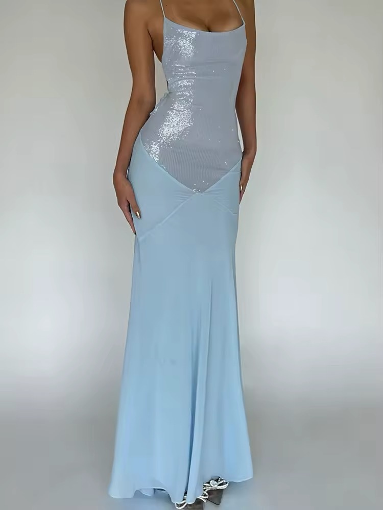 Spaghetti Strap Bodycon Sequin Mesh Maxi Dress