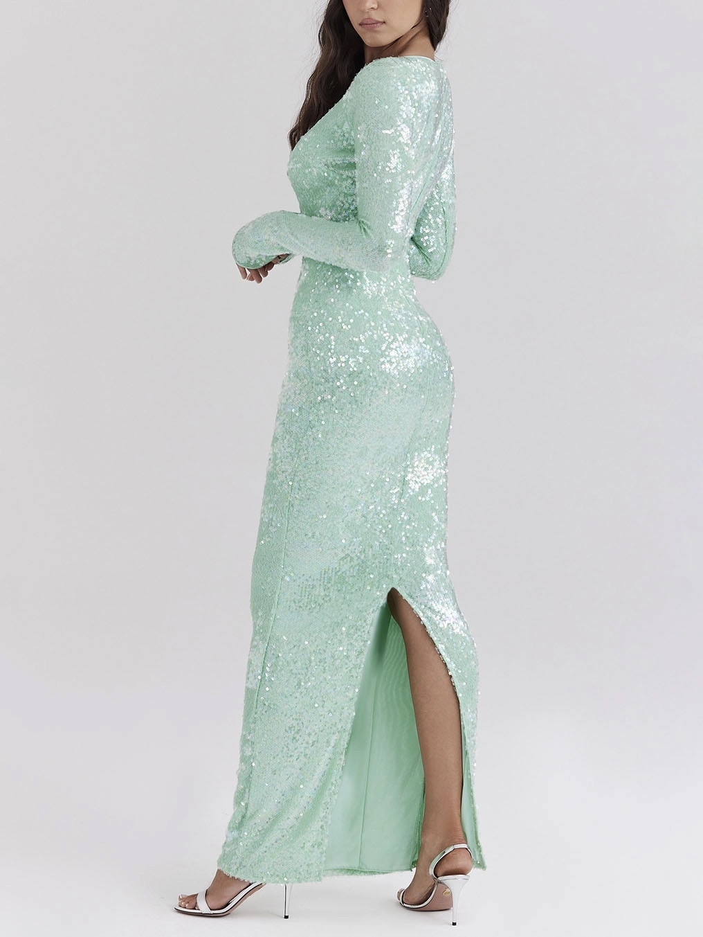 Green Sequin Glitter Cut Out Tie Up Maxi Dress