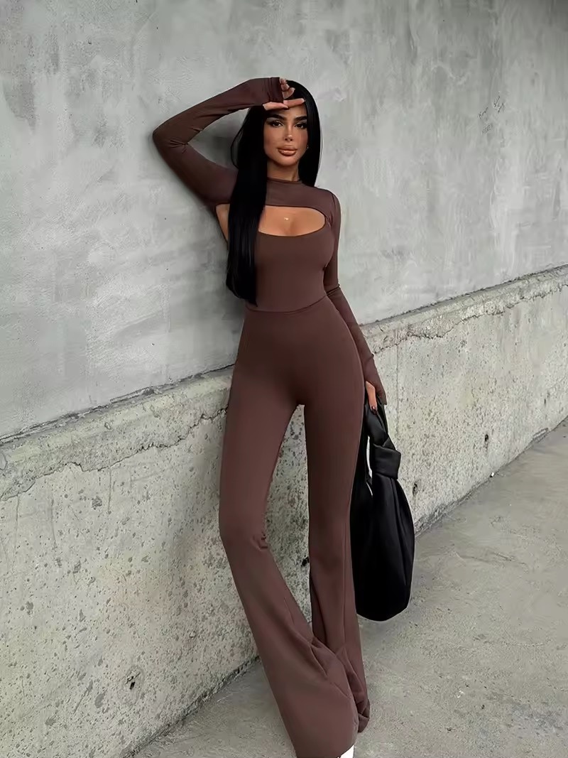 Long Sleeve Bodycon Flared Jumpsuit