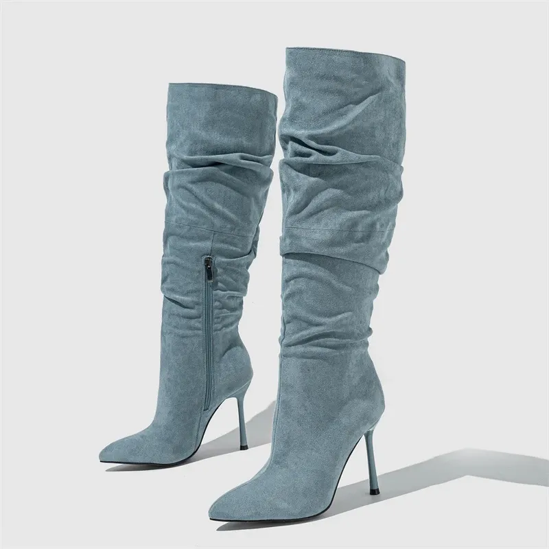 Pleated Denim Knee-High Pointed Toe Boots