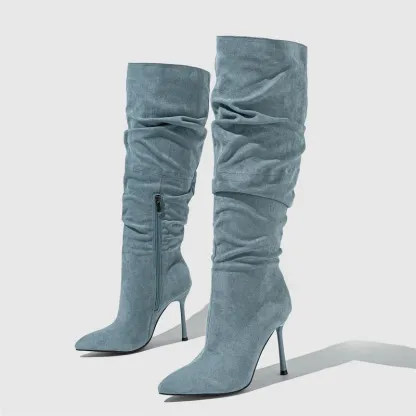 Pleated Denim Knee-High Pointed Toe Boots