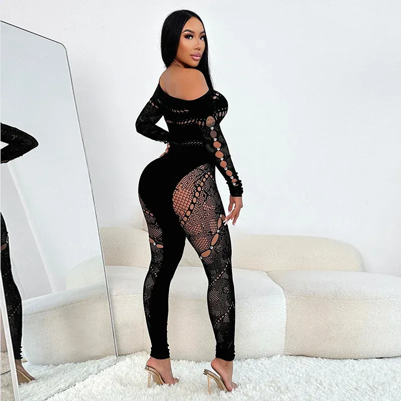 Sexy See Through Lace Jumpsuit Women One Shoulder Night Club Outfit Birthday Skinny Long Sleeve Bodycon Jumpsuits Womens Romper