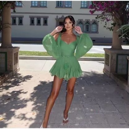 Long Sleeve A Line Green Vacation Holiday Mini Dress