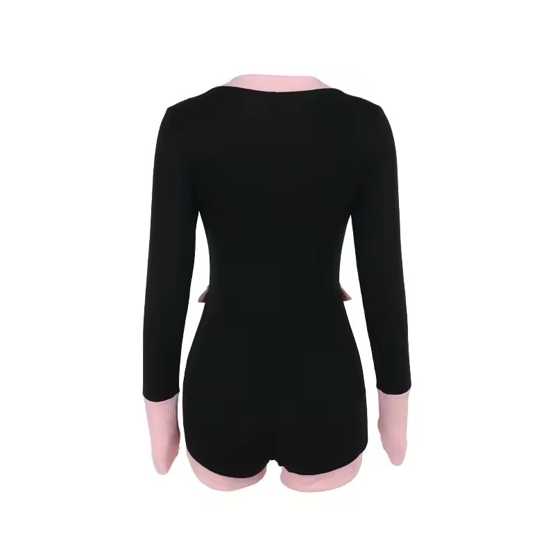 Contrast Color Scoop Neck Long Sleeve Playsuit