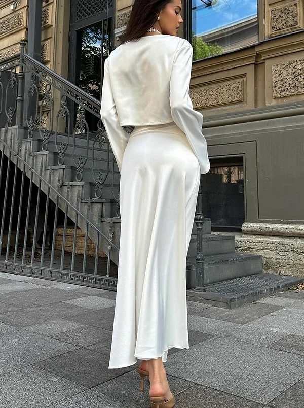 White Satin Silk 2 Piece Maxi Skirt Co-ord
