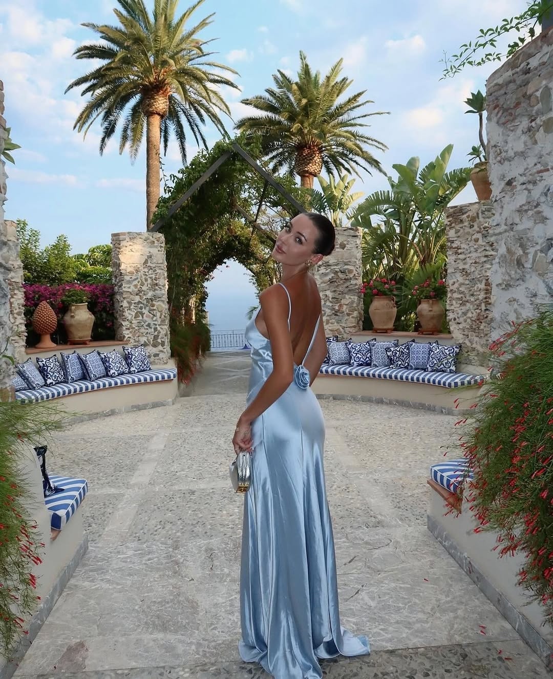 Blue Silk Backless Flower Floral Formal Maxi Dress