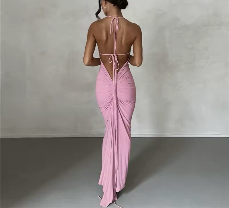 Backless Ruched V Bodycon Spaghetti Strap Maxi Dress