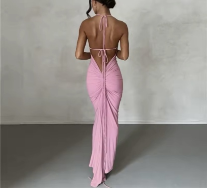 Backless Ruched V Bodycon Spaghetti Strap Maxi Dress