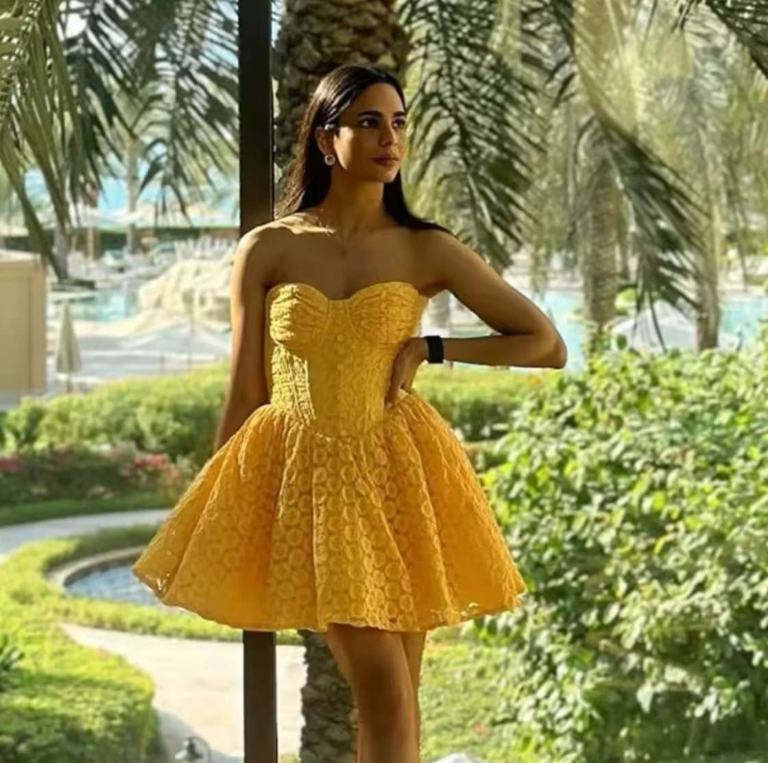 Strapless Yellow A Line Summer Holiday Mini Dress