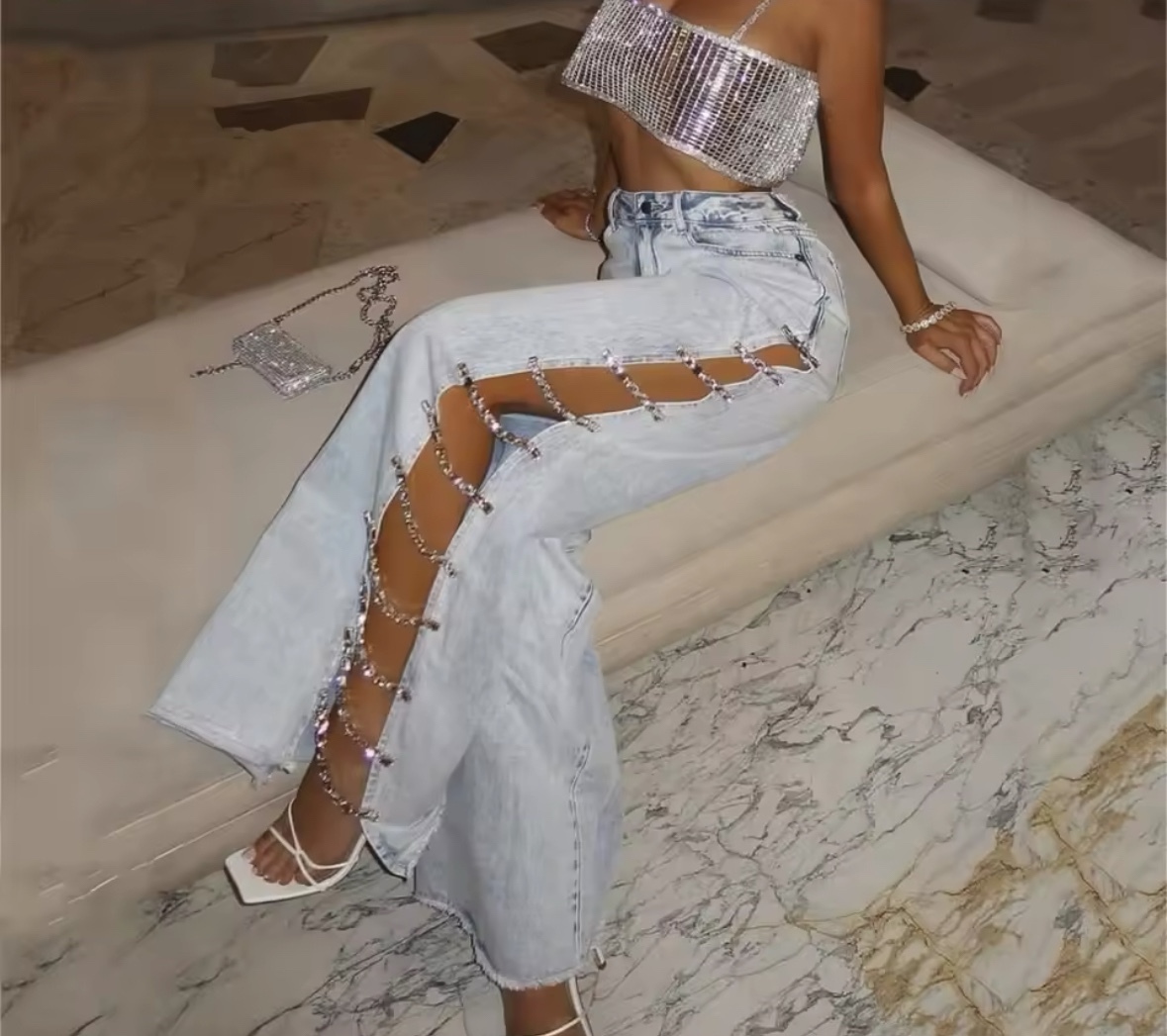 Rhinestone Diamond Ripped Boyfriend Jeans