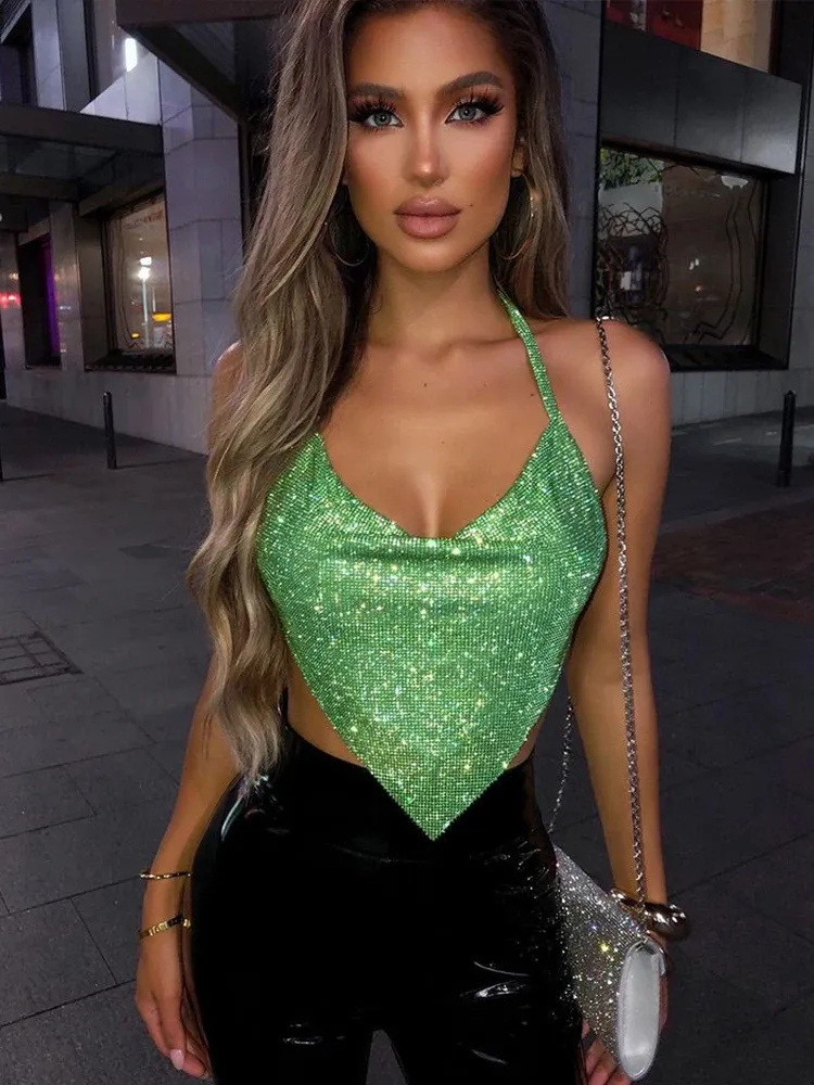 Spaghetti Strap Sequin Halter Crop Top