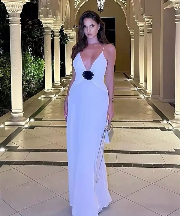 Formal V Neck Floral Detail Maxi Dress