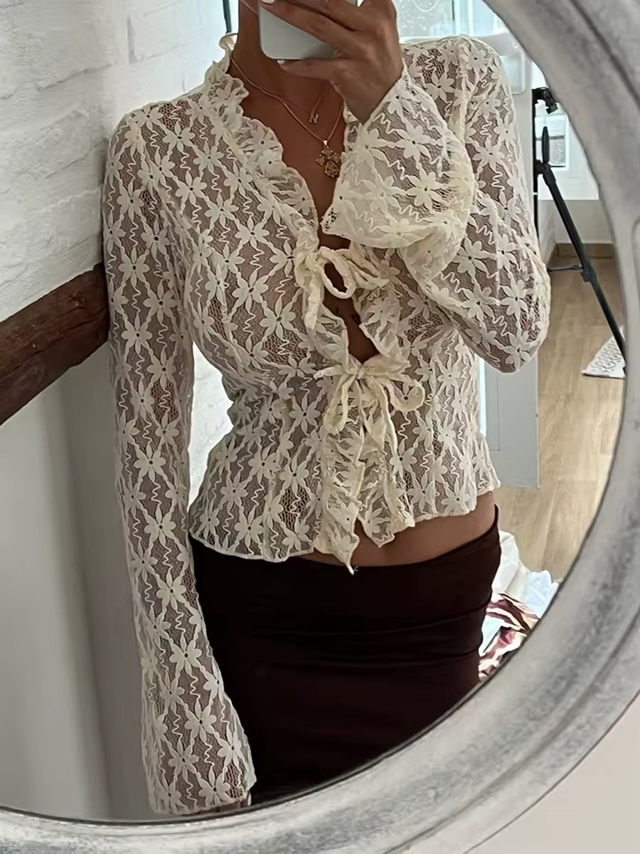 Lace Tie Up Long Sleeve Top