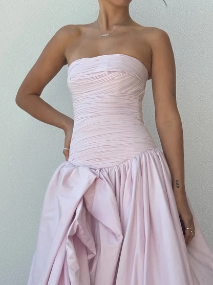 Pink Bubble Hem Ruffle Formal Maxi Dress