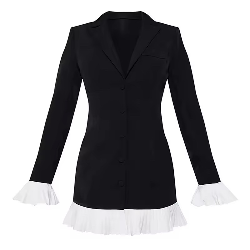 Long Sleeve V Neck Contrast Color A-Line Mini Dress