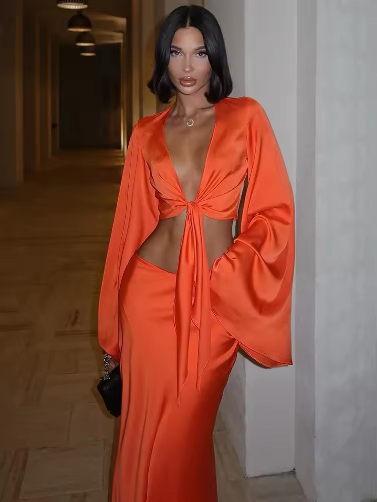 Orange Silk Long Sleeve Crop Top & Maxi Skirt Set