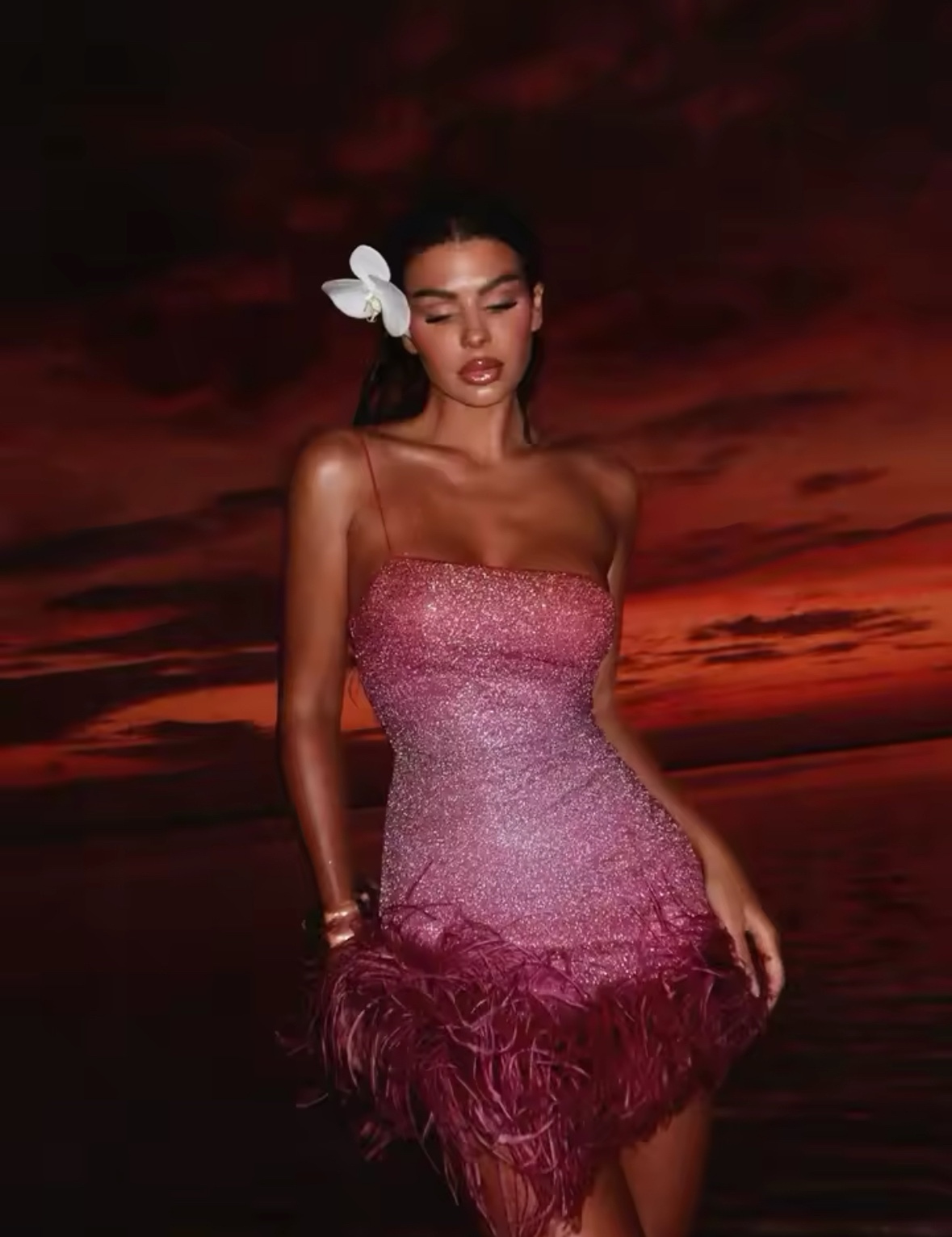 Pink Glitter Feather Bodycon Party Mini Dress