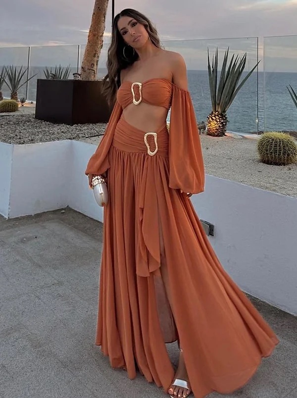 Burnt Orange Crop Top Maxi Skirt Set 2 Piece Co-ord