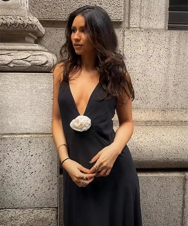 Formal V Neck Floral Detail Maxi Dress