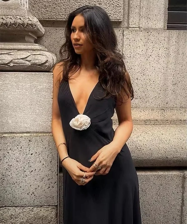 Formal V Neck Floral Detail Maxi Dress