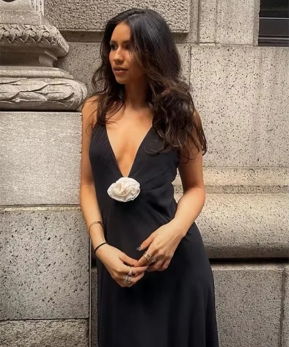 Formal V Neck Floral Detail Maxi Dress