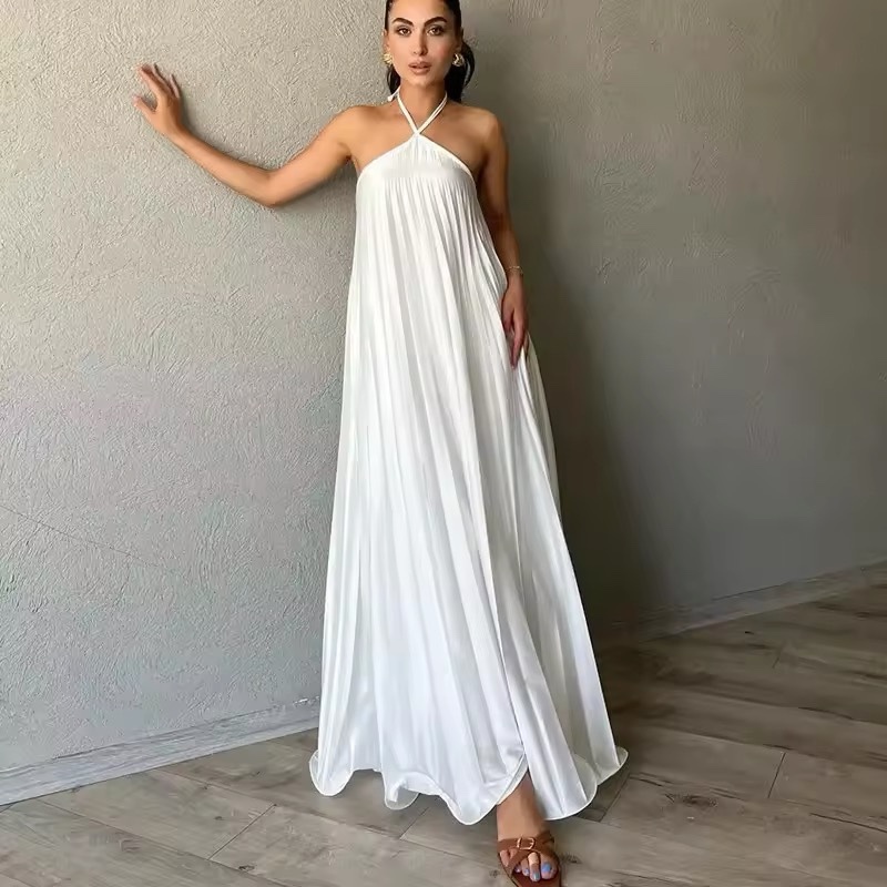 Pleated Halter A Line Summer Vacation Maxi Dress