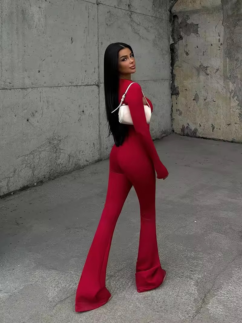 Long Sleeve Bodycon Flared Jumpsuit