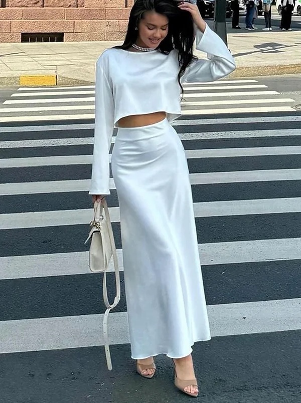 White Satin Silk 2 Piece Maxi Skirt Co-ord