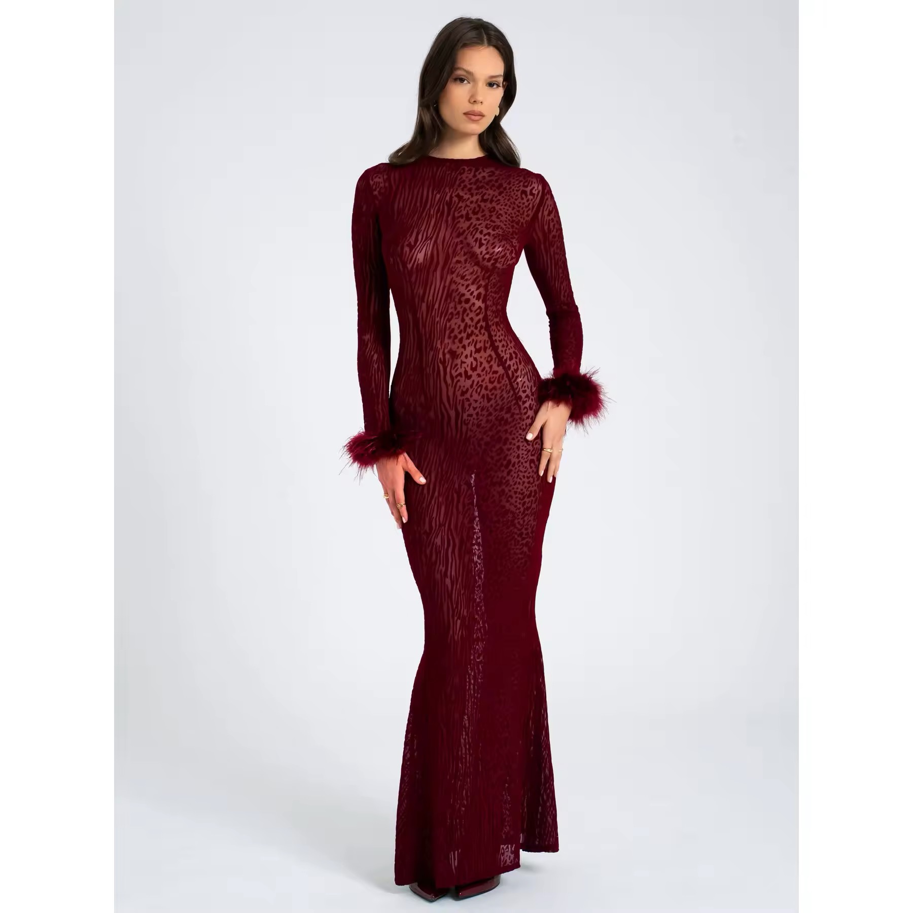 Feathered Long Sleeve Backless Bodycon Maxi Dress