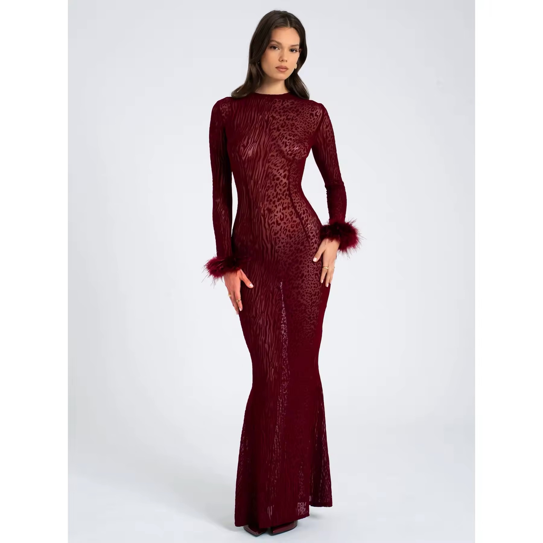 Feathered Long Sleeve Backless Bodycon Maxi Dress
