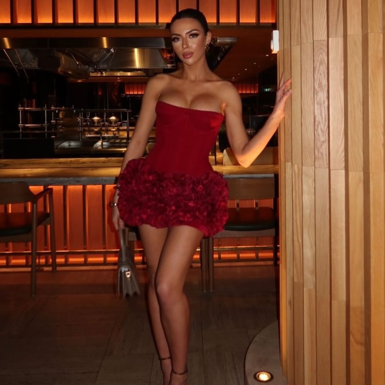 Red Flower Detail Strapless Corset Style Mini Dress