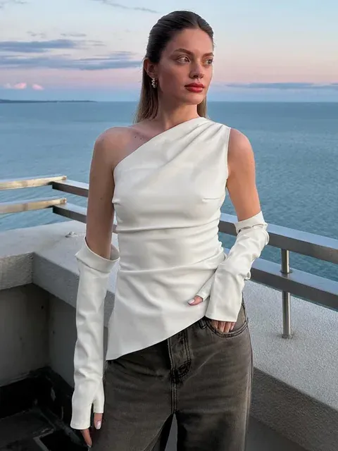 PU Leather Asymmetrical Sleeveless One Shoulder Top