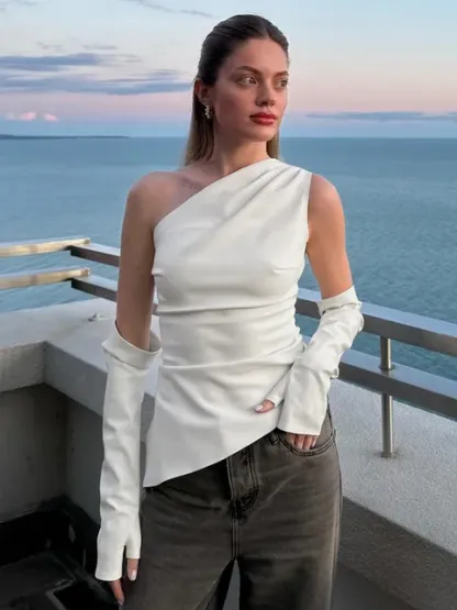 PU Leather Asymmetrical Sleeveless One Shoulder Top 