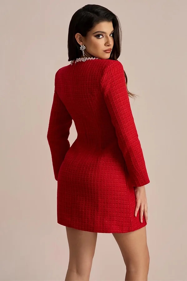 Long Sleeve Square Neck Diamond Rhinestone Mini Dress