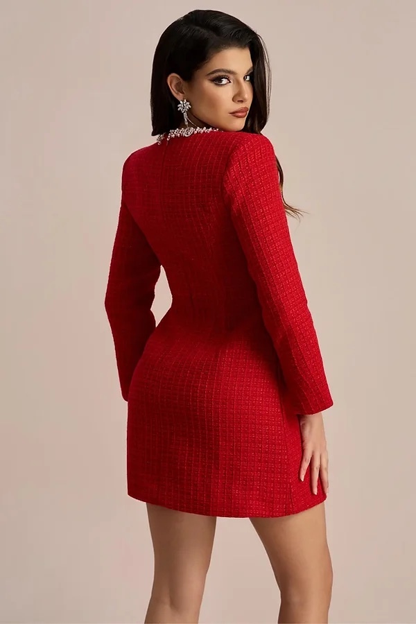Long Sleeve Square Neck Diamond Rhinestone Mini Dress