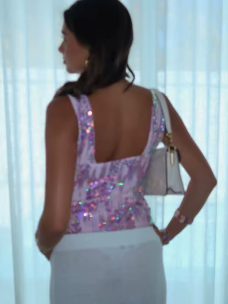 Purple V Neck Embroidered Sequin Top