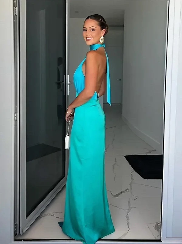 Blue Green Backless Sleeveless Summer Halter Maxi Dress