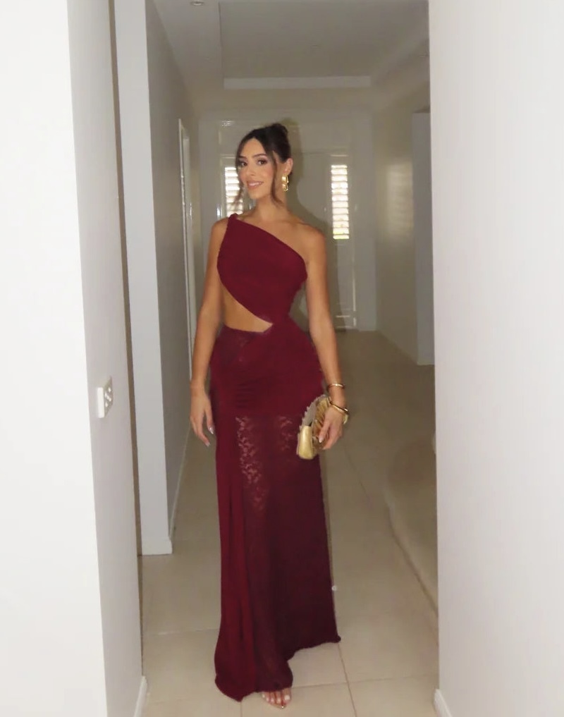 One Shoulder Mesh Lace Bodycon Maxi Dress