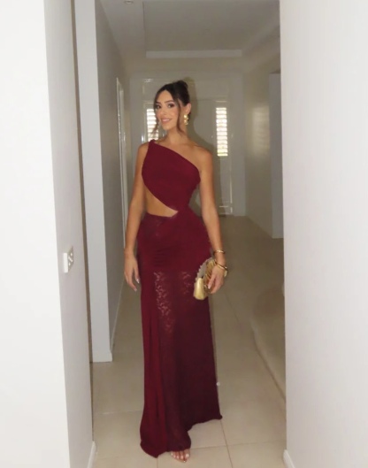 One Shoulder Mesh Lace Bodycon Maxi Dress