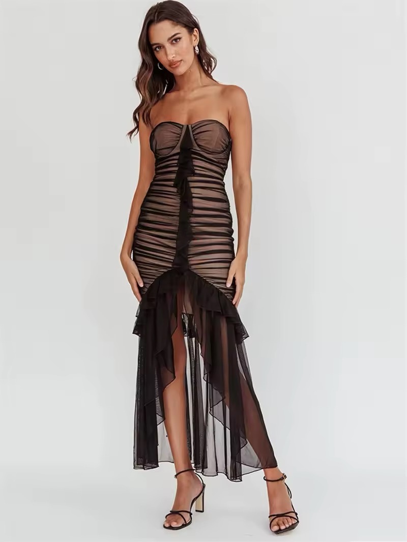 Strapless Mesh Bodycon Midi Dress