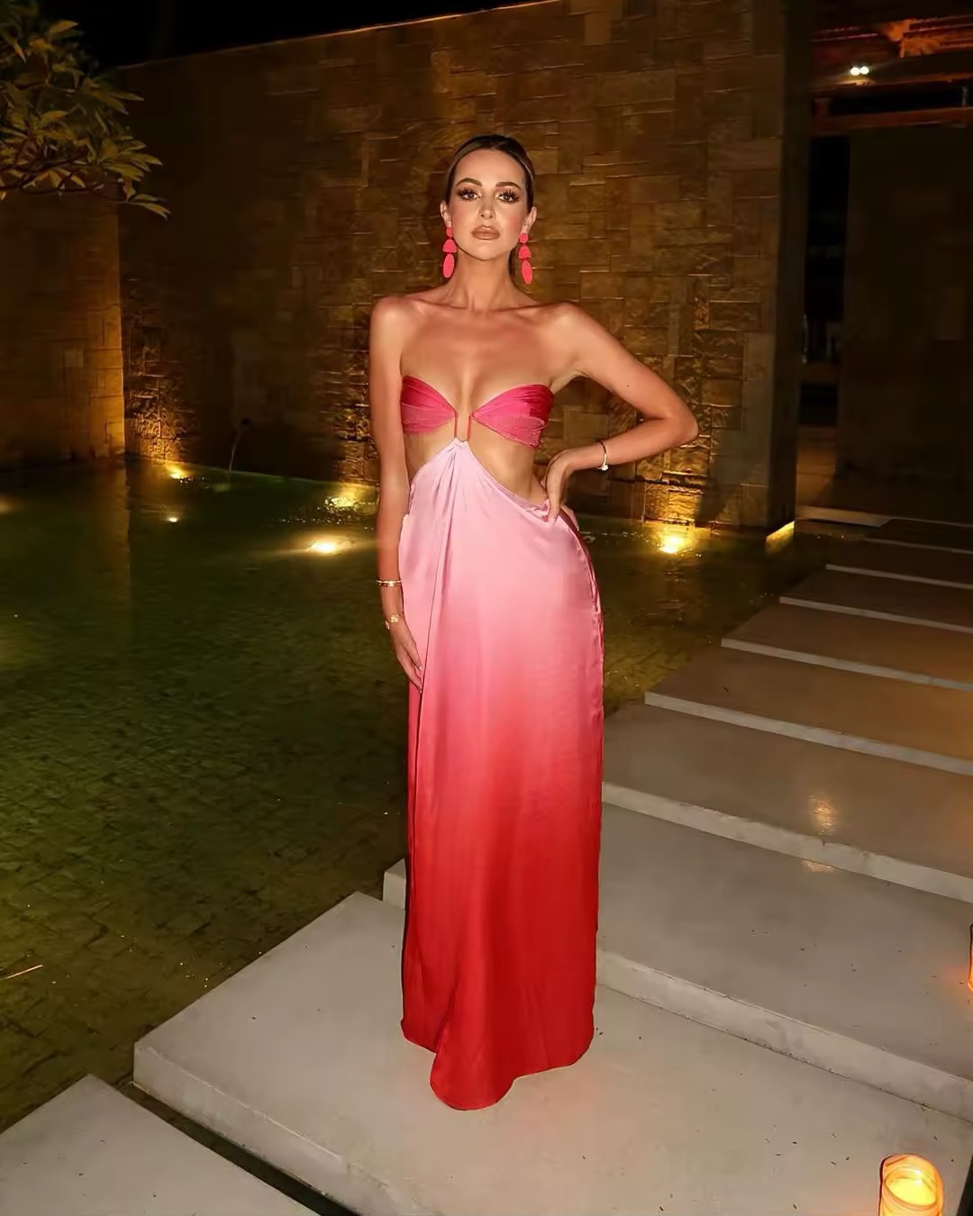 Strapless Pink Gradient Cut Out Summer Vacation Maxi Dress