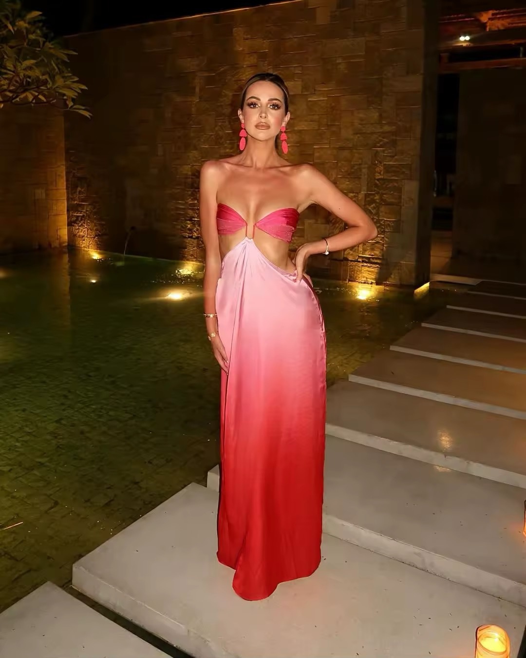Strapless Pink Gradient Cut Out Summer Vacation Maxi Dress