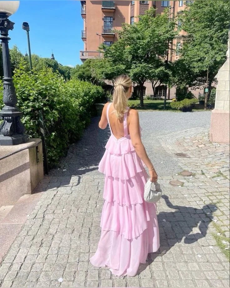 Pink Flower Detail Layered Ruffle Backless Maxi Dress Elegant