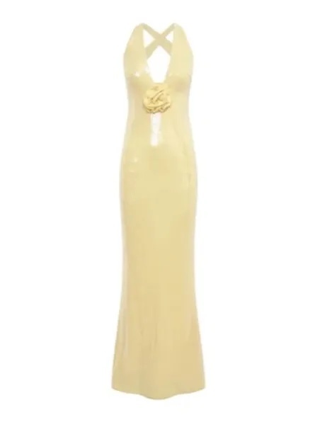 Yellow Sequin Floral V Neck Bodycon Maxi Dress