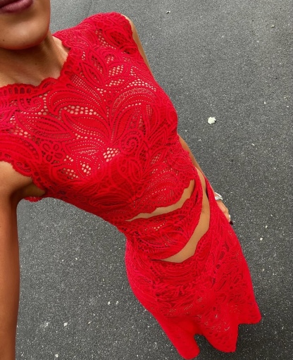 Red Lace Two Piece Top & Maxi Skirt Set