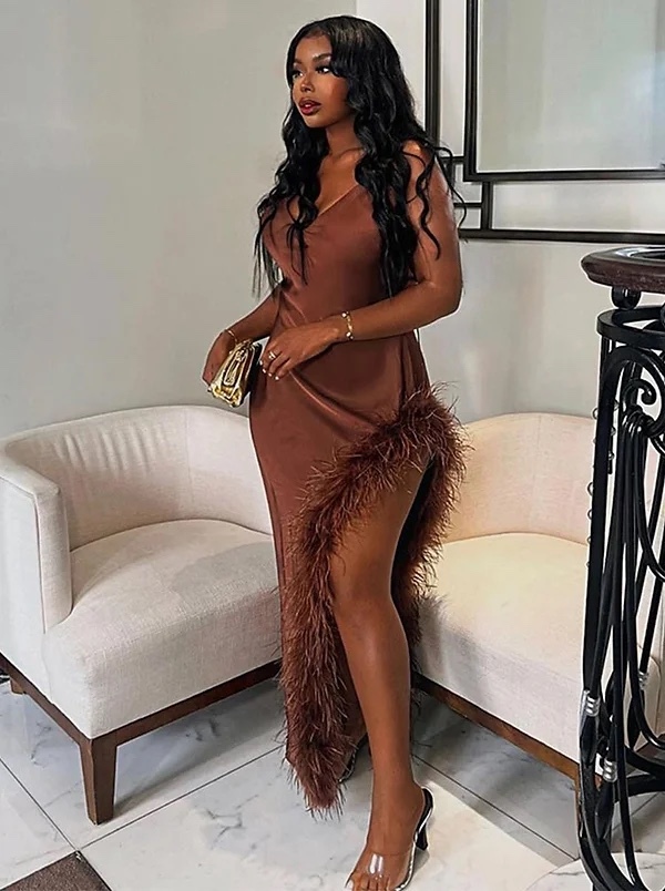 Elegant Satin Feather Hem Backless Maxi Dress