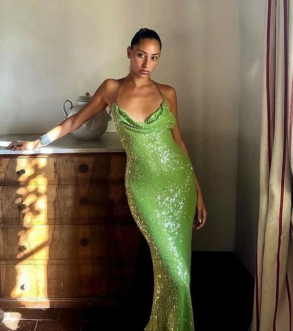 Green Scoop Neck Glitter Sequin Maxi Dress